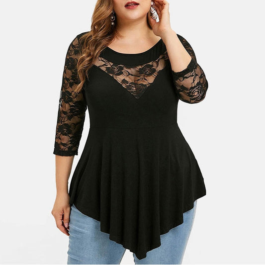 Plus Size Floral Lace Hollow Out Sexy Tunic Blouse
